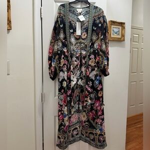 NWT Camilla Midnight in Monserrate Tie Front Blouson Sleeve Layer 100% Silk XS/S